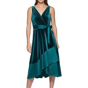 Stretch Velvet Satin Surplice V-Neck Sleeveless Faux Wrap Tie Waist Midi Dress